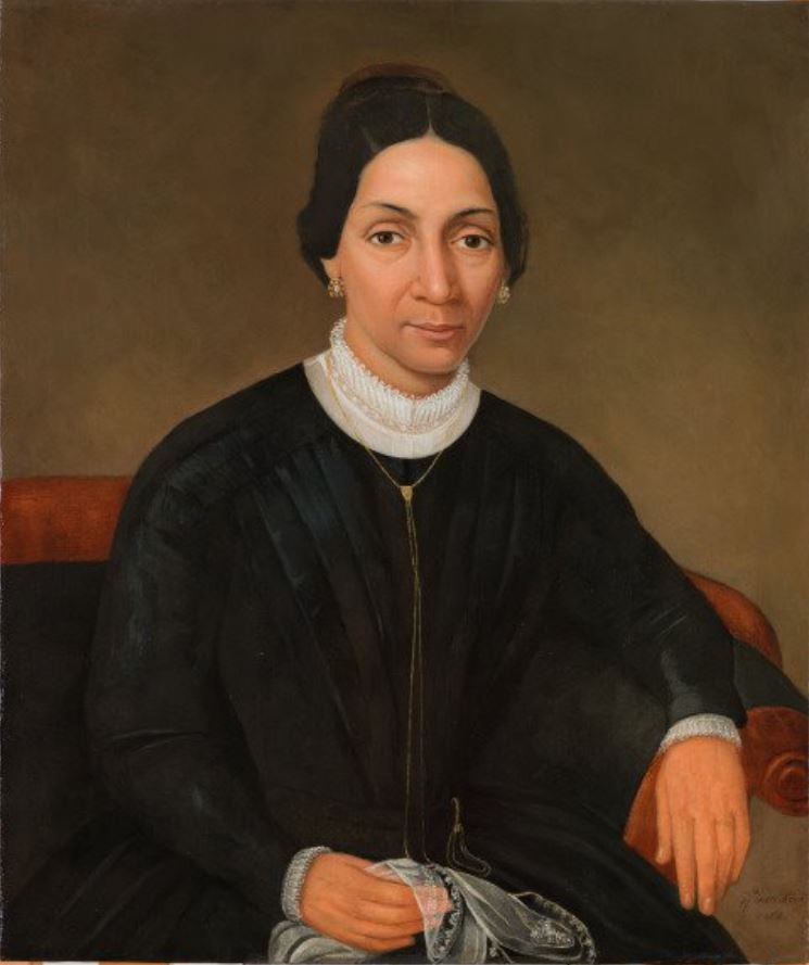A painted half-portrait showing a woman of color in a black dress with a white lace collar.