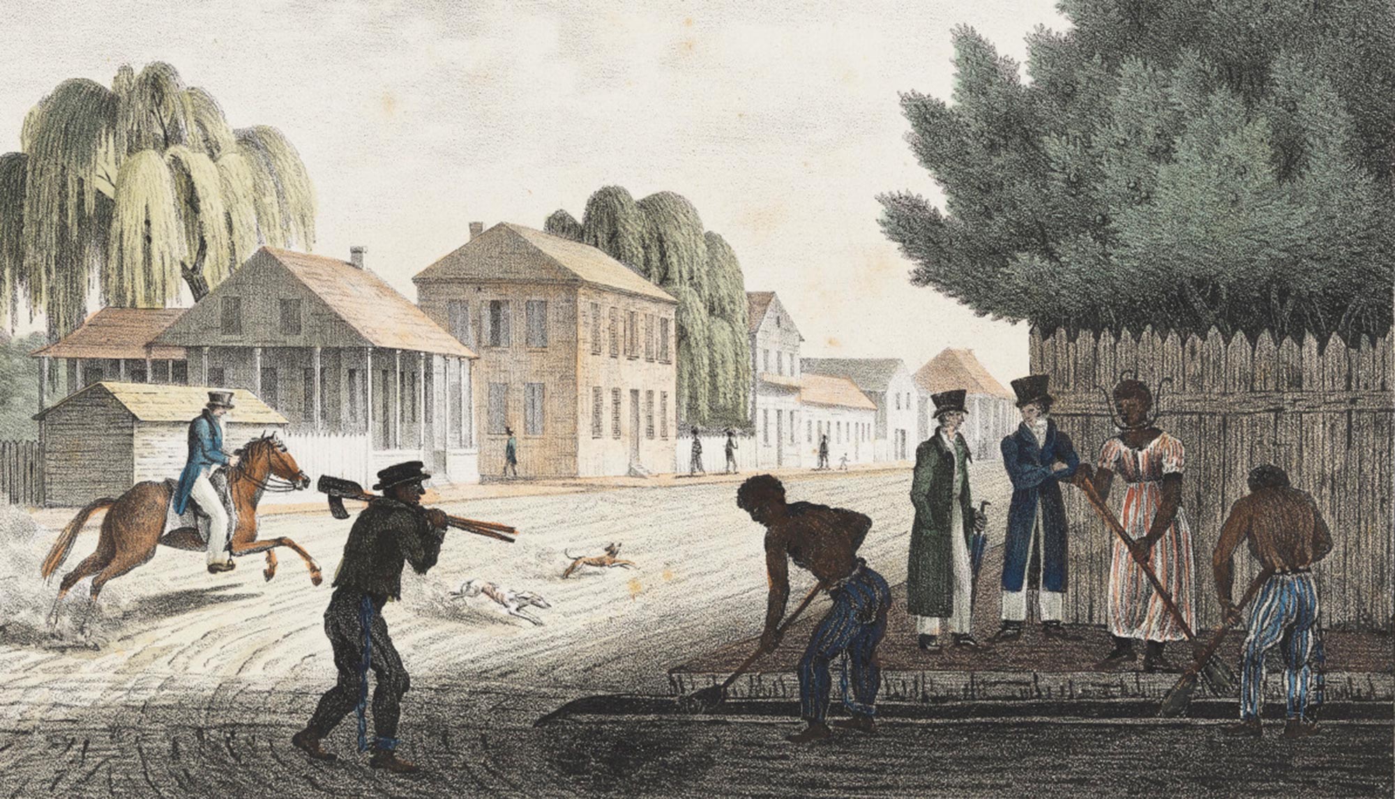 A water color painting of enslaved people working on a chain gang in 1821 New Orleans