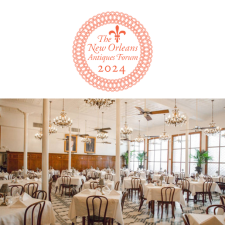 The New Orleans Antiques Forum 2024 logo with photo of Arnaud's restaurant