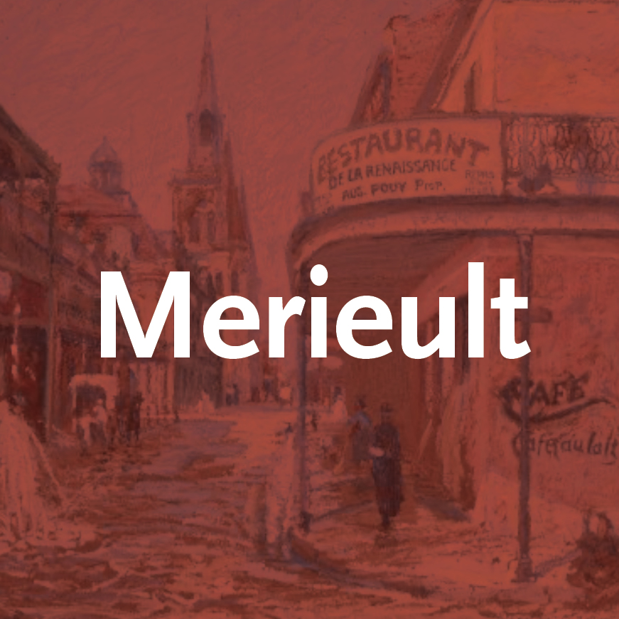 Pastel of the French Quarter with a red wash and Merieult overlaid